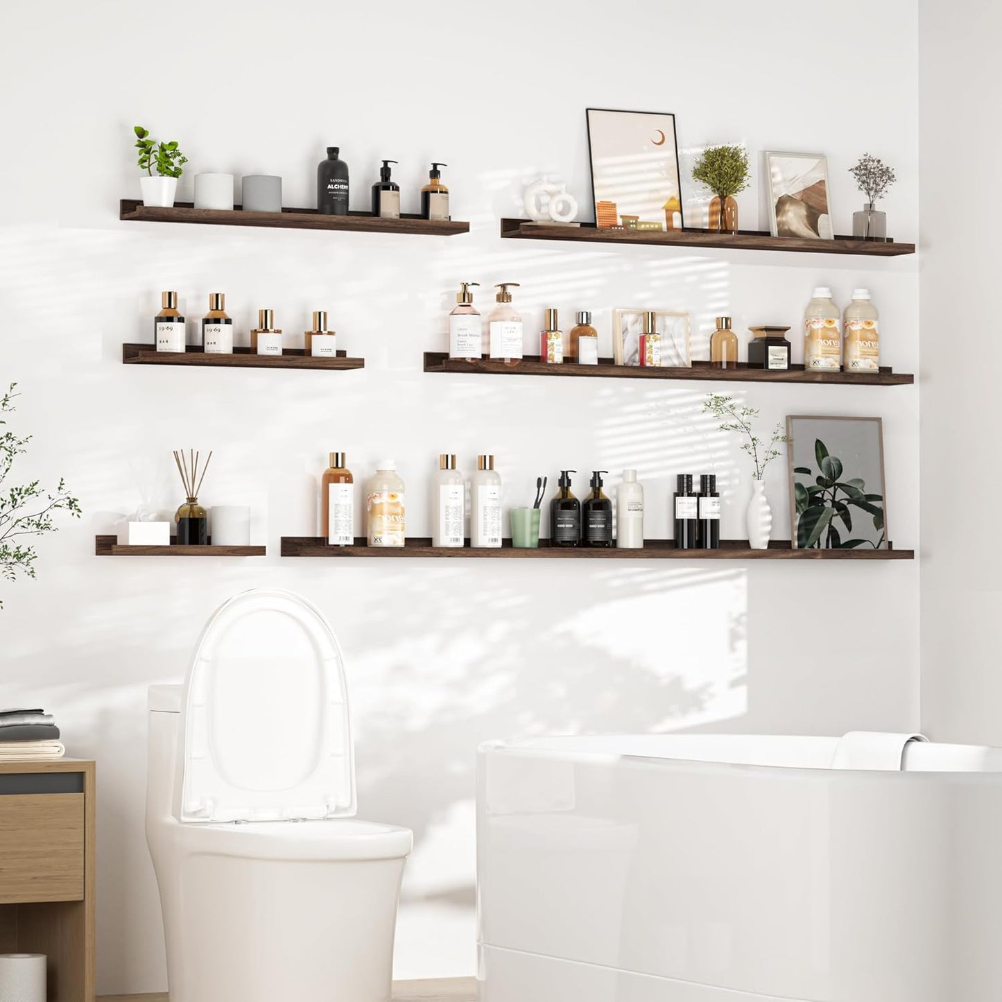 Heimlove Picture Ledge Shelf, Small Floating Shelves Set of 2, 16 Inches Picture Shelf for Wall with Ledge, Kids Bookshelf Wall Mounted for Living Room Bedroom Decor Books Photo Frames, Walnut