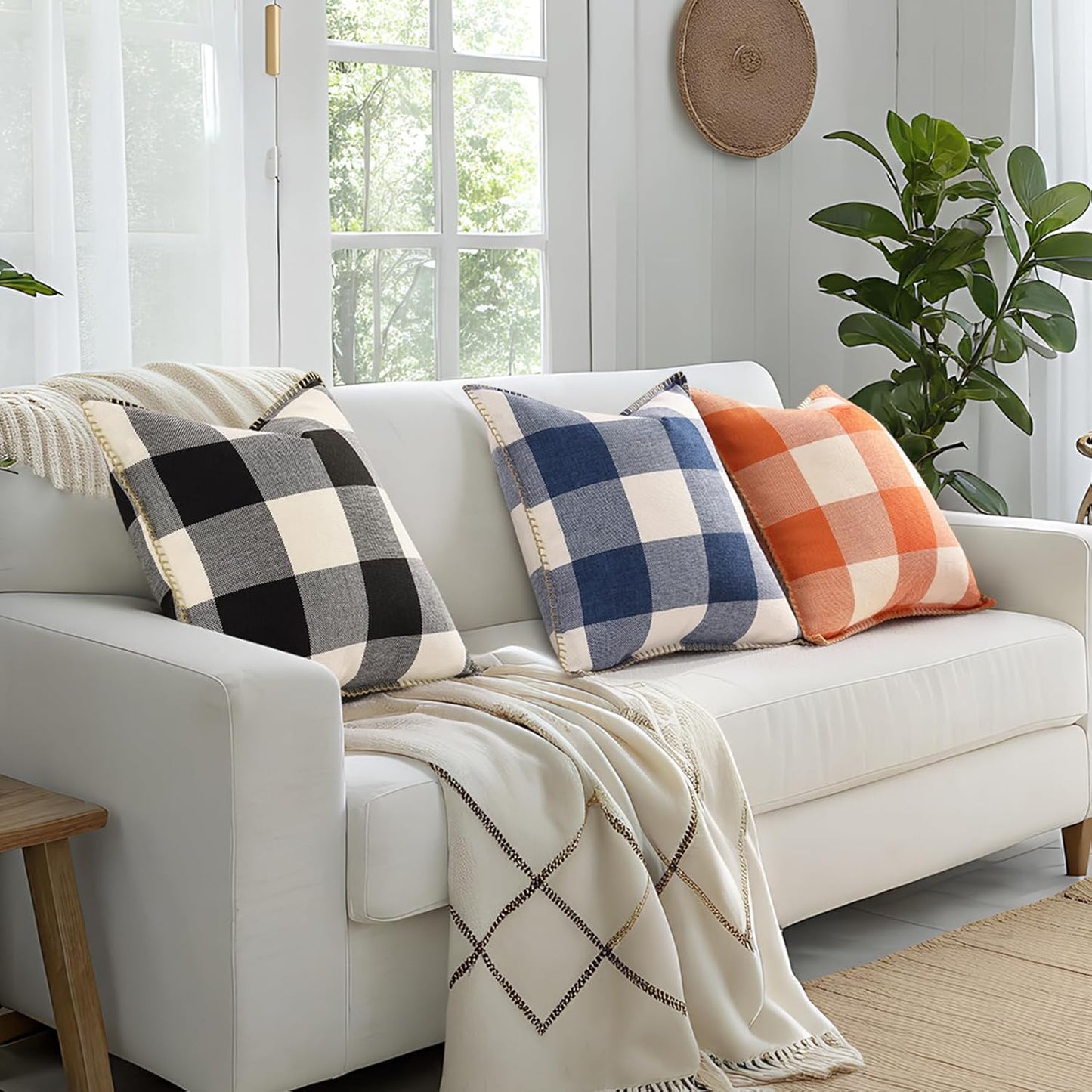 decorUhome Buffalo Plaid Check Throw Pillow Covers 12x20 Set of 2, Outdoor Lumbar Decorative Farmhouse Neutral Pillow Covers with Stitched Edge for Bed Couch Sofa, Navy Blue and White