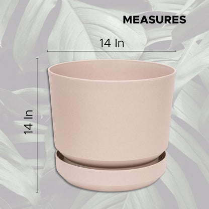 Elly Décor 14 inch Plastic Cylinder Planter Pot with Self-Watering Saucer and Drainage Hole,Lightweight & Extremely Durable, 14"x 14", Ivory