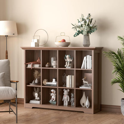 Cube Shelf Bookcase with Base - Wooden 3 Tiers Floor Standing Low Storage Cabinet for Home and Office, 12-Cube Lattice Bookshelf, Walnut