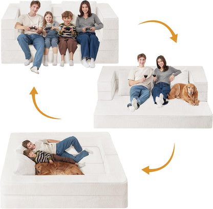 Folding Bean Bag Chair for Adults,3-in-1 Bean Bag Couch Faux Fur Floor Sofa Large Beanbag Convertible Bean Bag Sofa Bed with Pillow in Bedroom,Living Room,Apartment(Queen,Milky White)