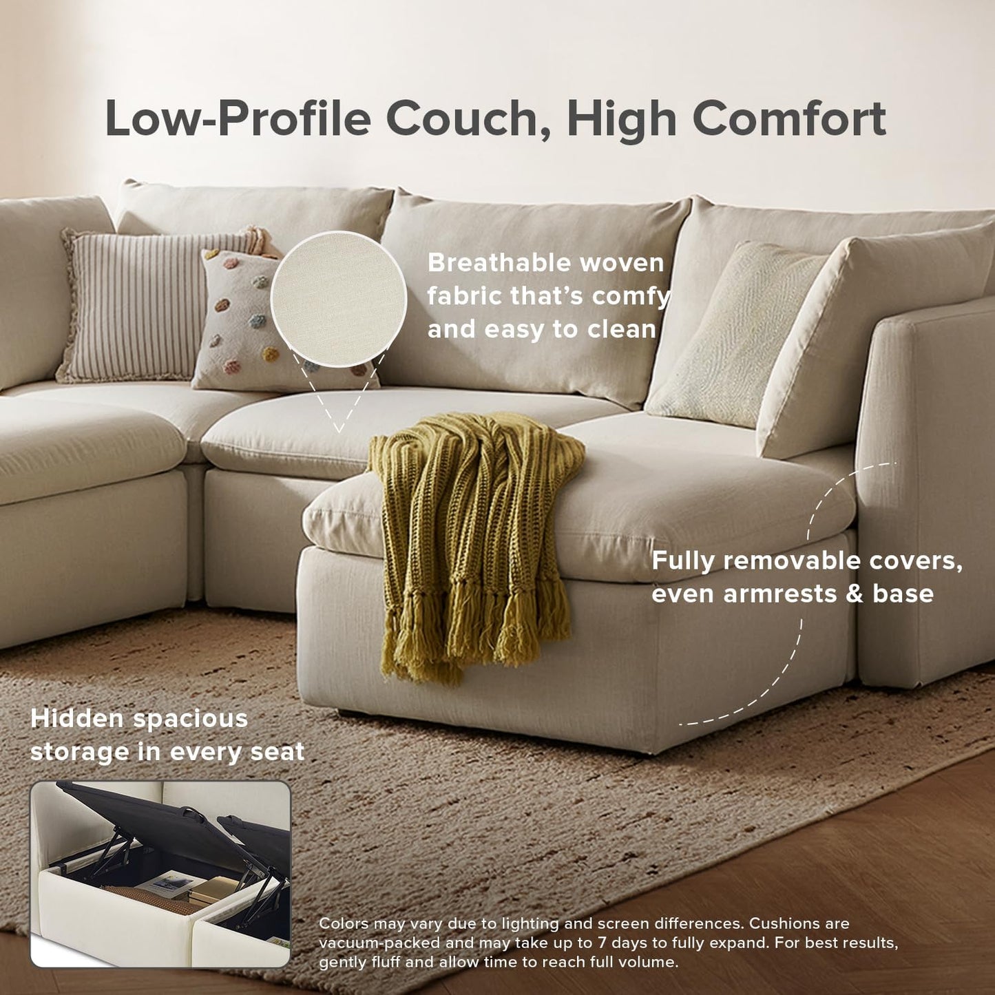mopio Oversized Modular Sectional Sofa with Fully Removable Covers and Storage, Convertible U, L-Shaped and Sleeper Sectional, Modern Couches with Ottoman Chaise (Oat Fabric, 4 Seats, L)