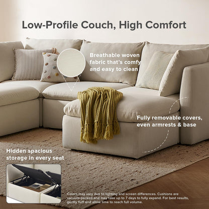 mopio Oversized Modular Sectional Sofa with Fully Removable Covers and Storage, Convertible U, L-Shaped and Sleeper Sectional, Modern Couches with Ottoman Chaise (Oat Fabric, 6 Seats, U)
