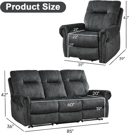 EBELLO 2 Pieces Reclining Couch Furniture Set for Living Room, 1 Seat Power Recliner and a 3 Seater Sofa, Vintage Rivet Mid-Century Design for Living Room, Grey