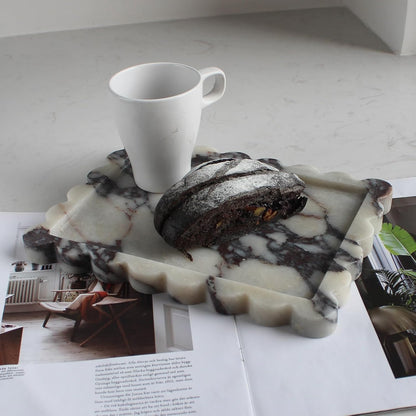 Natural Luxury Scalloped Marble Tray 10.8"x8", Rectangle Vanity Tray for Bathroom Kitchen Counter, Decorative Tray for Dresser Home Decor (calacutta Purple)