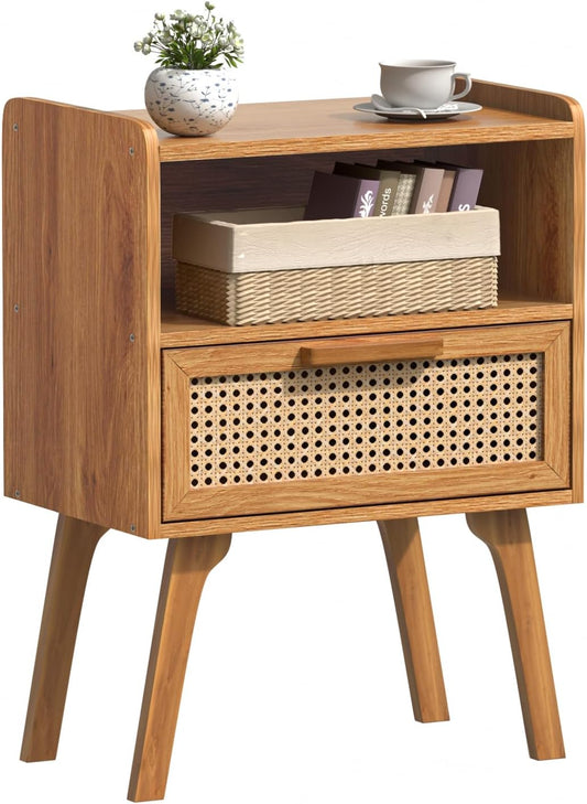 Lerliuo Rattan Nightstand, Side Table with Drawer Open Shelf, Cane Accent Bedside End Table with