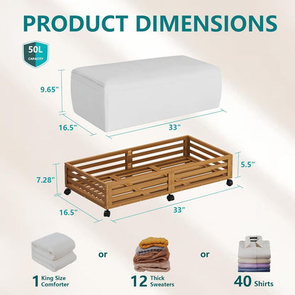 Bamboo Under Bed Storage Containers- Underbed Organizer with Wheels with Large Dust Bag,Sturdy Wood Rolling Under the Bed Shoe Storage Organizer Drawer 2 Packs (Walnut, Long)