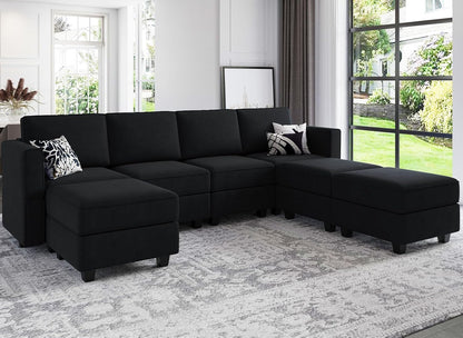 Belffin Modular Sectional Sofa U Shaped Sectional Couch with Reversible Chaises Velvet Modular Sofa with Storage Seat Black