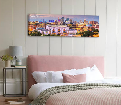 Pictures for Bedroom Kansas City Skyline Wall Art Canvas Prints Cityscape USA City Building Panoramic Night View Posters Modern Home Office Living Room Decoration Framed 13.8"x 45.3"
