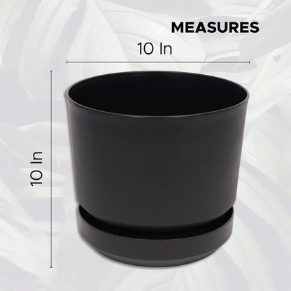 Elly Décor 10 inch Plastic Cylinder Planter Pot with Self-Watering Saucer and Drainage Hole,Lightweight & Extremely Durable, 10"x 10", Black