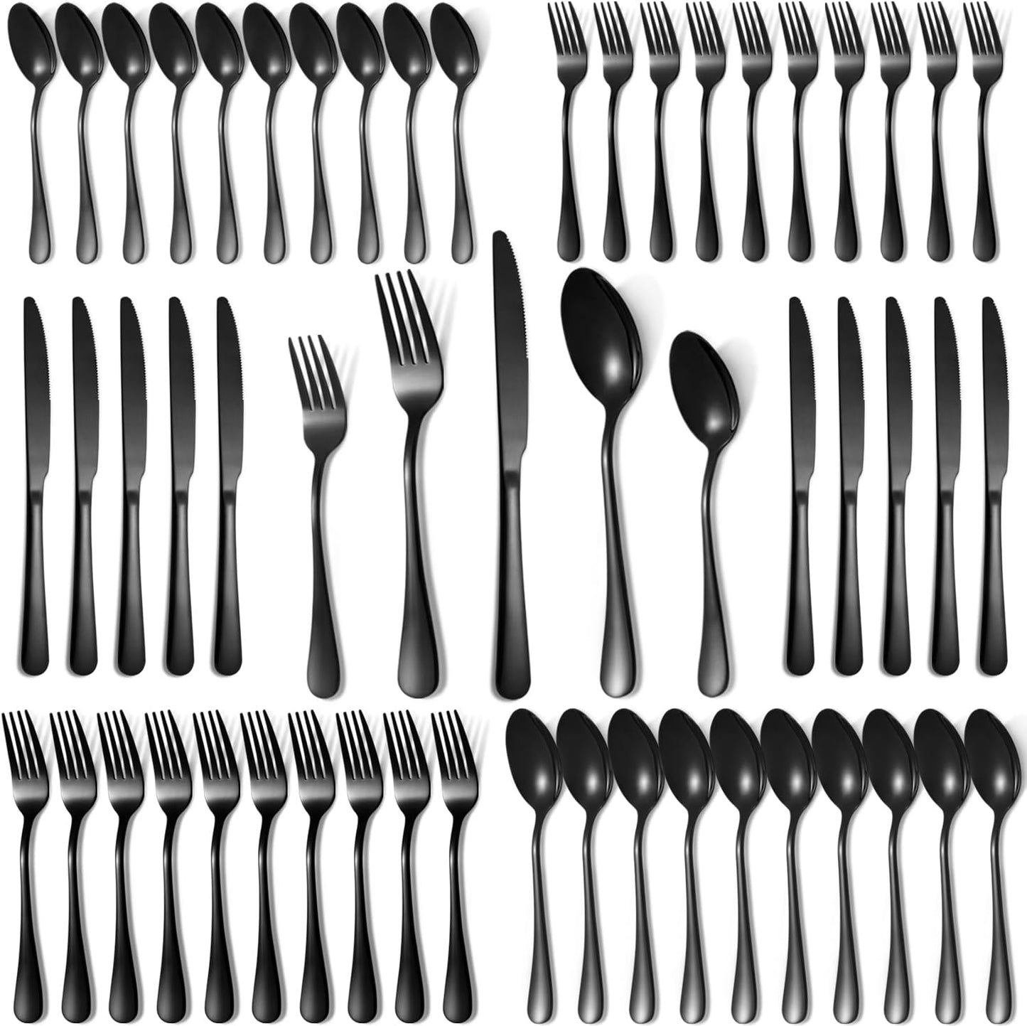 Lazycorner 50 Pcs Black Silverware Set for 10, Mirror Polished Flatware Set Stainless Steel Fork Knife Spoon, Food Grade Eating Utensils Sets, Reusable Silverwear Cutlery Set, Dishwasher Safe