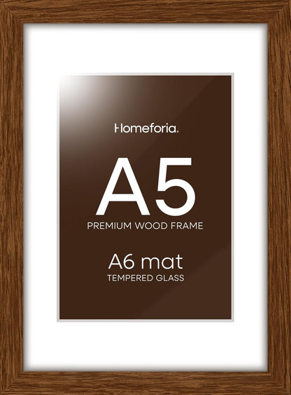 Homeforia A5 Picture Frame Brown, High-End Dark Oak 5.8x8.3 Wood Frame Matted to 4.1x5.8 inch Photo, A5 Size Walnut Wooden Frames with Mat A6 Print, 5.8 x 8.3 Frame, Tempered Glass, Wall Kit, Set of 1