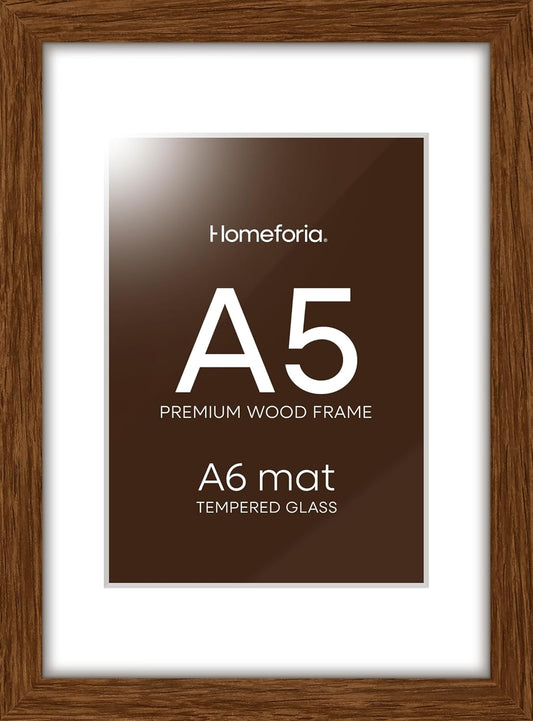 Homeforia A5 Picture Frame Brown, High-End Dark Oak 5.8x8.3 Wood Frame Matted to 4.1x5.8 inch Photo, A5 Size Walnut Wooden Frames with Mat A6 Print, 5.8 x 8.3 Frame, Tempered Glass, Wall Kit, Set of 1