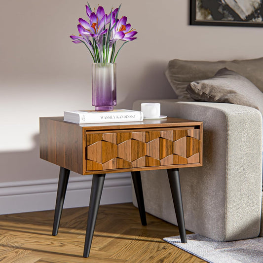 Bme Georgina Solid Wood Nightstands with Drawers - Fully Assembled Rustic Geometric Pattern Bedside Cabinet - Mid Century Modern Side Table for Living Room, Bedroom, Dark Chocolate