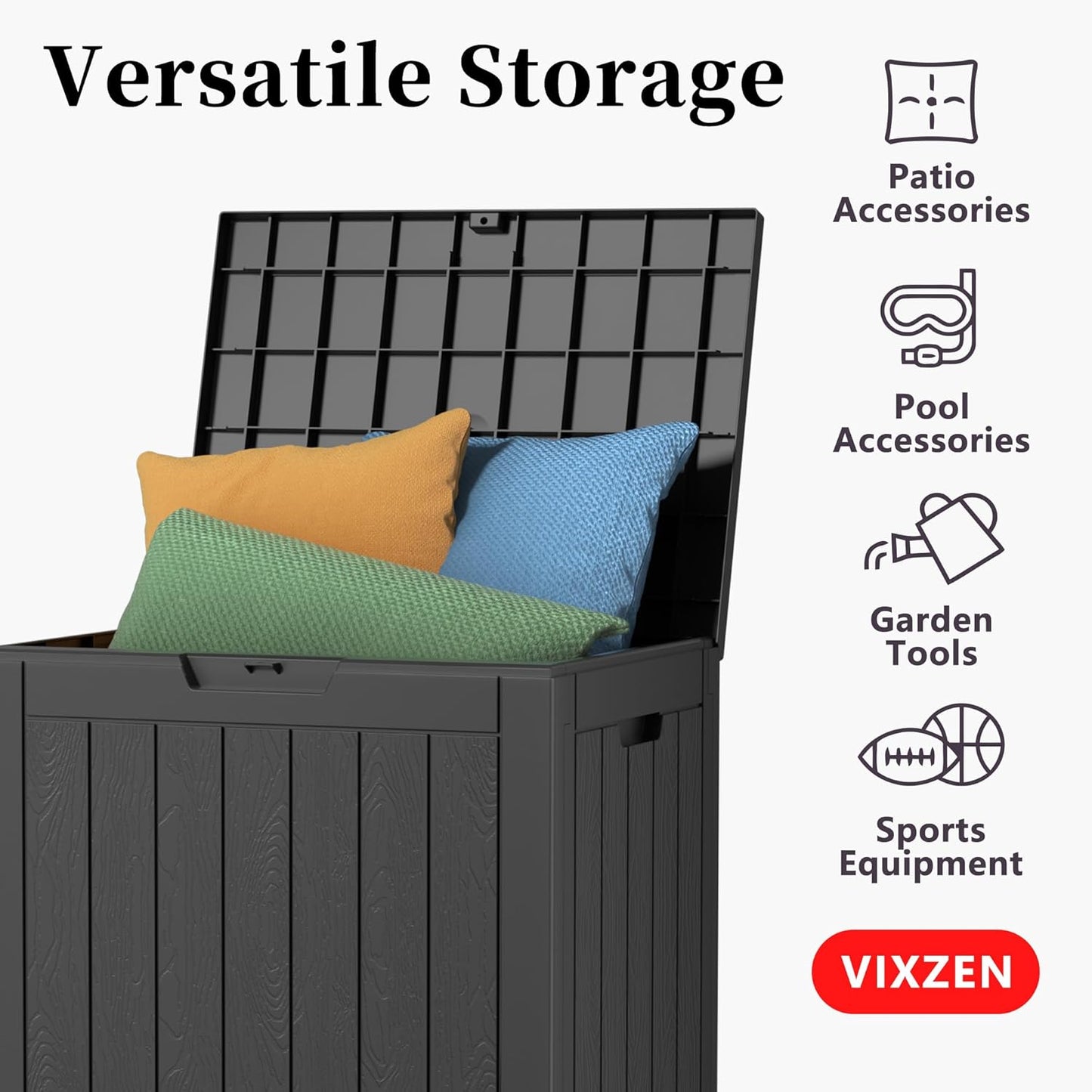 Vixzen 30 Gallon Resin Deck Box, Lockable Outdoor Storage Box for Patio Cushions Storage Furniture,Garden Tools, Pool Supplies, Weatherproof and UV Resistant- Black