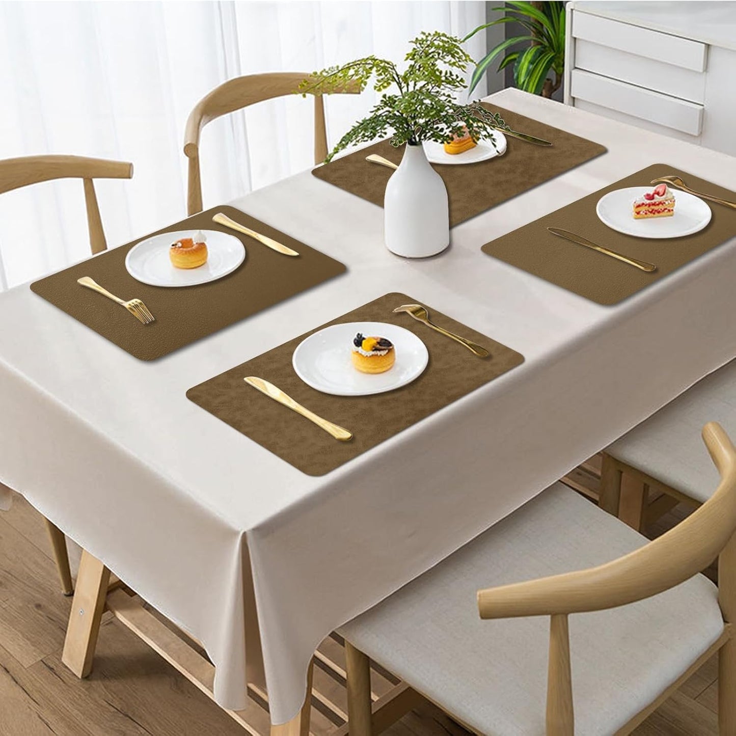 BLESWIN Faux Leather Placemats, Set of 6, 12×17 Inch -Double Side Texture Color Table Mats, Heat-Resistant, Waterproof and Oil-Resistant, Suitable for Dining Room, Kitchen, Party, Outdoor - Khaki