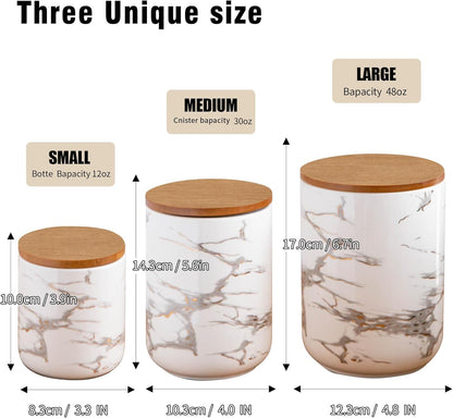 White Ceramic Canister Set with Wooden Lid, 3-Piece Food Storage Jars for Kitchen Counter, Storage Container for Sugar, Coffee, Tea, Spice