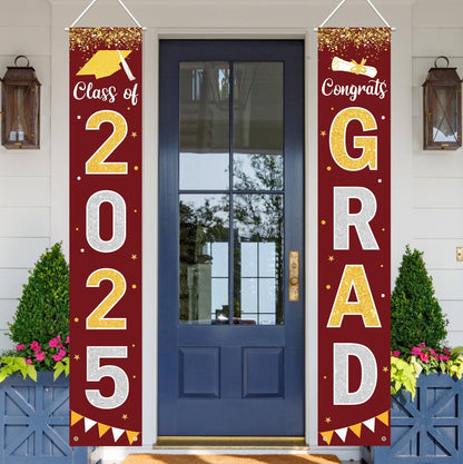 Graduation Decorations 2025 GRAD Banner Maroon Porch Door Sign Welcome Banner For Indoor Outdoor Wall Graduation Decorations Class of 2025