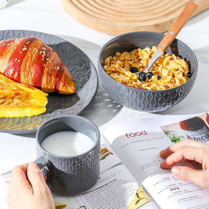 Hasense 26 OZ Soup Bowls, Ceramic Cereal bowls Set of 2 for Kitchen, Embossed Stoneware Porcelain Salad Bowls for Soup, Cereal, Oatmeal, Fruit, Microwave Dishwasher Safe, White And Gray