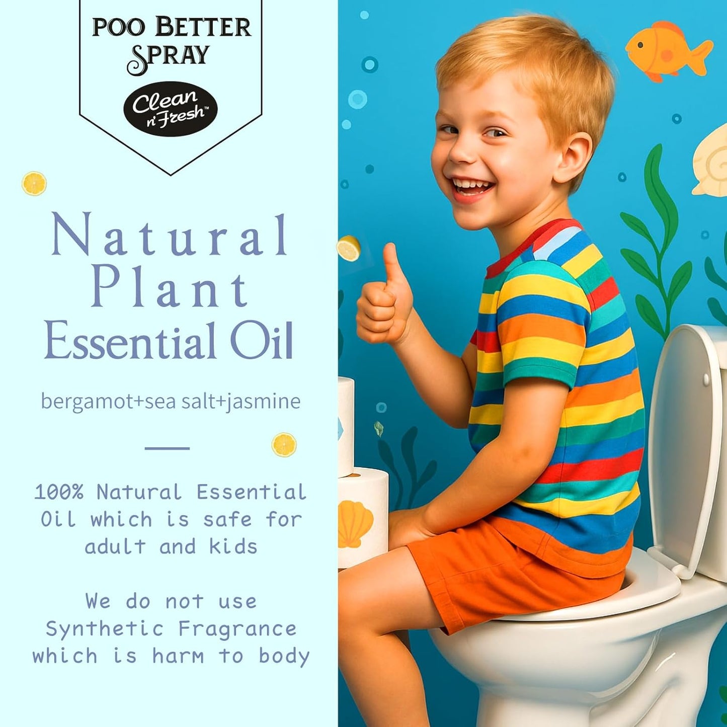 Clean-n-Fresh Toilet Spray, Ocean Mist, Air Freshener Bathroom Spray, Toilet Bathroom Odor Deodorizer, 6.8 Fl.Oz - Sea Salt, Jasmine & Bergamot