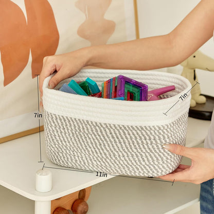 Small Cotton Rope Storage Basket Set of 3-11"x7"x7" Perfect Woven Baskets for Storage, Ideal Storage Baskets for Organizing Toys, Towels, and More - Baskets for Shelves（White & Mixed Grey）