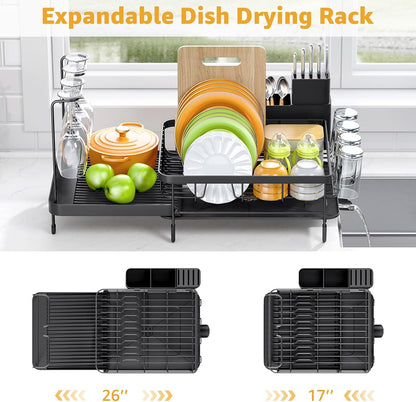 Dish Drying Rack for Kitchen Counter, Expandable Large Capacity Dish Rack with Drainboard, Wine Glasses Holder, Space Saving Organizer, Black