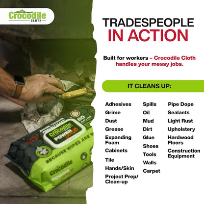 Crocodile Cloth PowerScrub - 80 Dual Surfaced Cloths, 10in X 15in. Large, Moist, Absorbent and Disposable Cleaning Cloths. Safe on Skin and Multiple Surfaces. (6500-080)