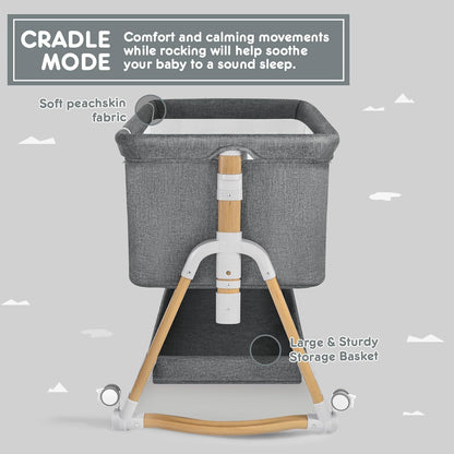 HARPPA Cuddly Bassinet, 3 in 1 Baby Bassinet Bedside Sleeper, Bedside Crib with Mattress and Wheels, Breathable Mesh, 5 Height Adjustable, Anchor Strap (Wood Grain, Grey)