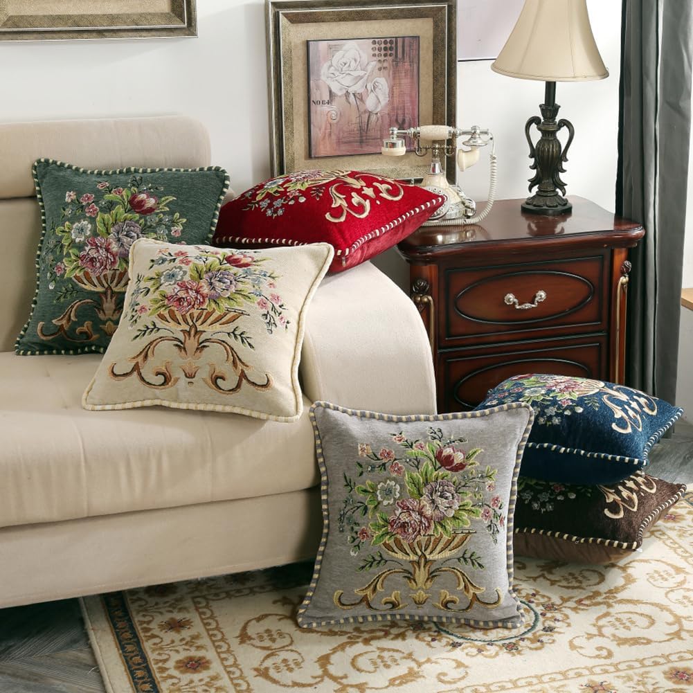 2 Pcs Grey Chenille Vintage Embroidered Throw Pillow Covers 18x18in,Grey Tassel Vintage Pattern Pillow Covers, Floral Embroidered Cushions Covers for Sofa Couch Bed Chairs Car