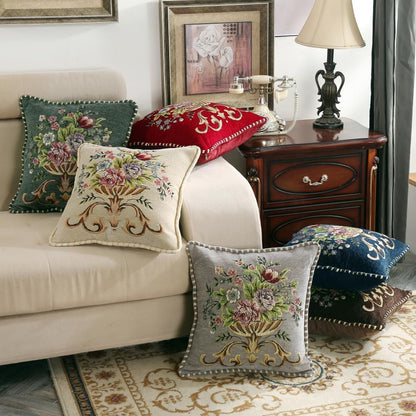 Set of 2 Brown Vintage Embroidered Throw Pillow Covers 18x18in，Floral Embroidered Cushion Cover for Sofa Couch Bed Burgandies Pillow Cover Brown