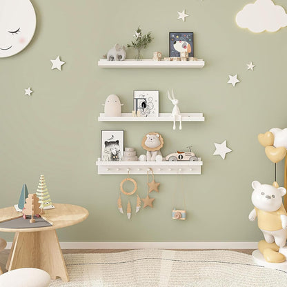 MBYD White Floating Shelves for Wall with Hooks, Nursery Book Shelves for Kids Room, 36 Inch Wall Mount Bookshelf for Living Room Bedroom Bathroom Kitchen, Hanging Picture Ledge Shelf Set of 3