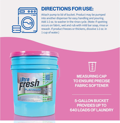 Ultra Fresh 5 Gallon Platinum Fabric Softener for All Machine Types, Liquid Laundry Softener, Up to 640 Loads, Fragrance & Dye Free