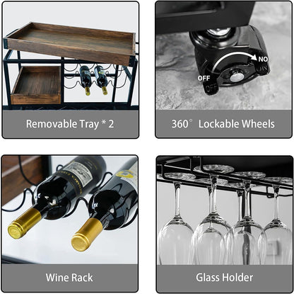 Bar Cart Industrial Kitchen Serving Carts for Home 3 Tier Storage Trolley with Wine Rack Glasses Holder Two Portable Trays Universal Casters with Brakes Rustic Rolling Cart Alcoholic Beverage