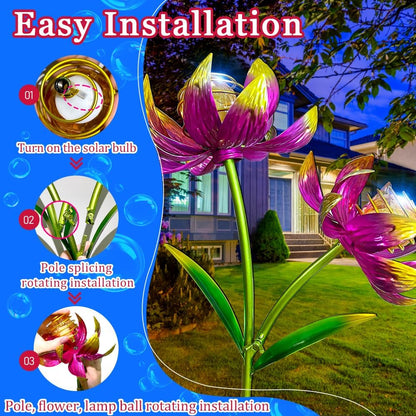 Solar Wind Spinner Outdoor, 63 Inch Metal Wind Spinner Yard Art with Lights - Twin Flower Design Pinwheels for Yard and Garden Decor, Solar Garden Decor