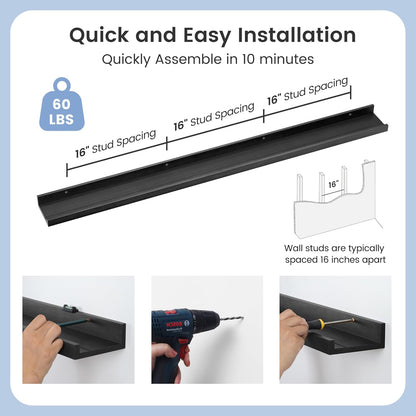 Picture Ledge Shelf, Floating Shelves Set of 2, Solid Pine Wood 55'' Long Large Nursery Book Shelves for Toys Storage, Kids Bookshelf for Living Room Bedroom Decor Books Photo Frames, Black