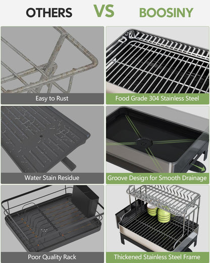 BOOSINY Extra Large Stainless Steel Dish Drying Rack, 2 Tier Dish Racks for Kitchen Counter, Dish Drainer with Drainboard Set, Full Size Dish Dryer Rack with Utensil Holder, Black