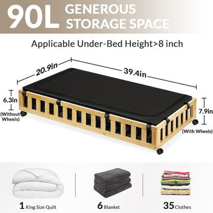 2 Pack Bamboo Under Bed Storage with Wheels, 39”x20”x7.8” Lager Under Bed Storage Containers (Natural)