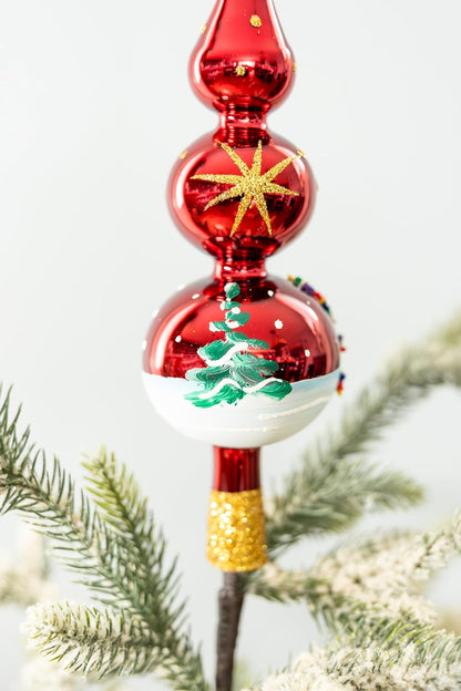 Christmas Tree Topper Spitz Glass Mouth Blown Hand-Decorated Embellishments (Burgundy, 12 inch)