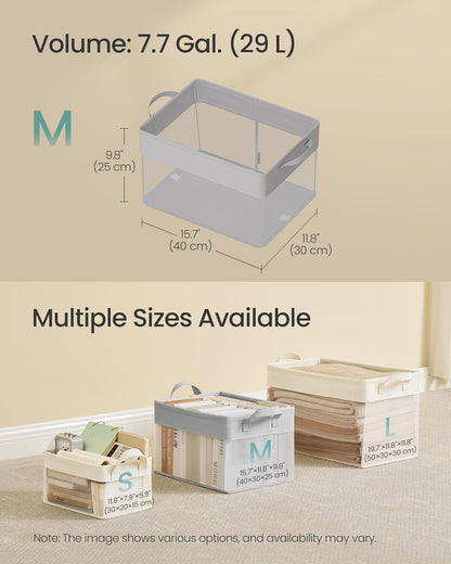 SONGMICS Storage Bins Set of 3, Medium Fabric Storage Baskets, Foldable Organizer with Transparent Nylon Mesh, 15.7 x 11.8 x 9.8 Inches, Handles, for Bedroom, Living Room, Dove Gray URFB940G01