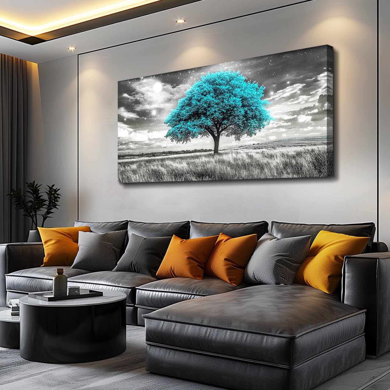 KELIYUAN Modern Canvas Print Wall Art Blue Tree Painting Full Of Stars Black And White Art pictures Natural Landscape Wall Decoration Suitable For Living Room Bedroom Office Framed Stretch 20x40 In