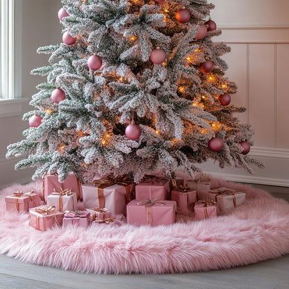 AOGU 36 Inch Faux Fur Christmas Tree Skirt Pink Plush Skirt for Merry Christmas Party Christmas Tree Decoration