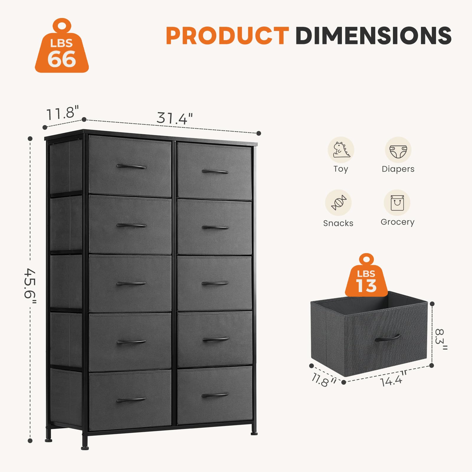 Sweetcrispy 10 Drawer Tall Dresser for Bedroom & Living Room, Grey