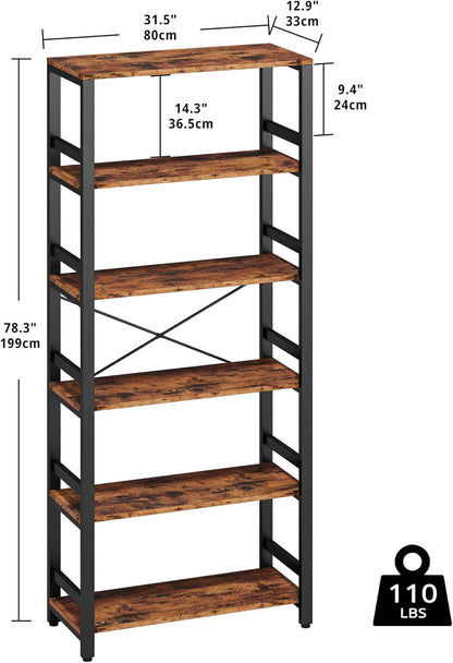IRONCK Bookshelf, 31.5in Wide Shelf 6 Tier Bookcase, 110lbs/shelf Vintage Industrial Style Bookshelves for Bedroom, Living Room and Home Office, Vintage Brown