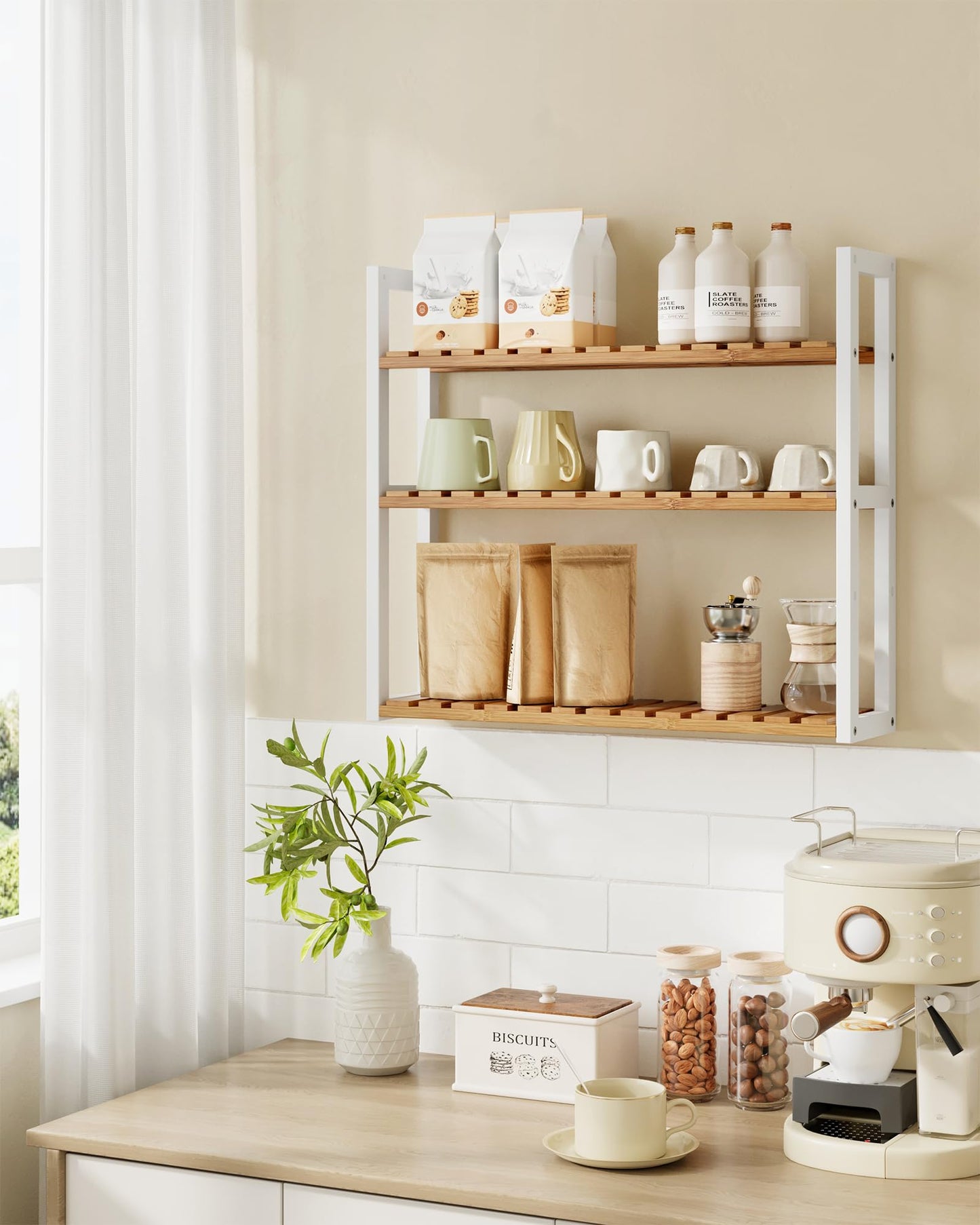 SONGMICS Bamboo Bathroom Shelf, 3-Tier Adjustable Plants Rack, Wall-Mounted or Stand, in The Living