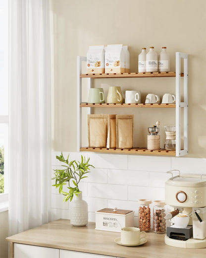 SONGMICS Bamboo Bathroom Shelf, 3-Tier Adjustable Plants Rack, Wall-Mounted or Stand, in The Living