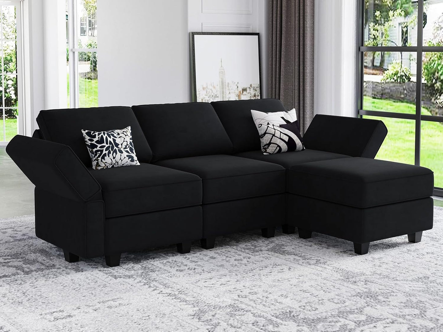 Belffin Modern L Shaped Velvet Sectional Sofa with Chaise, Black, Storage, Adjustable Arm/Backrest