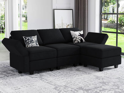 Belffin Modern L Shaped Velvet Sectional Sofa with Chaise, Black, Storage, Adjustable Arm/Backrest