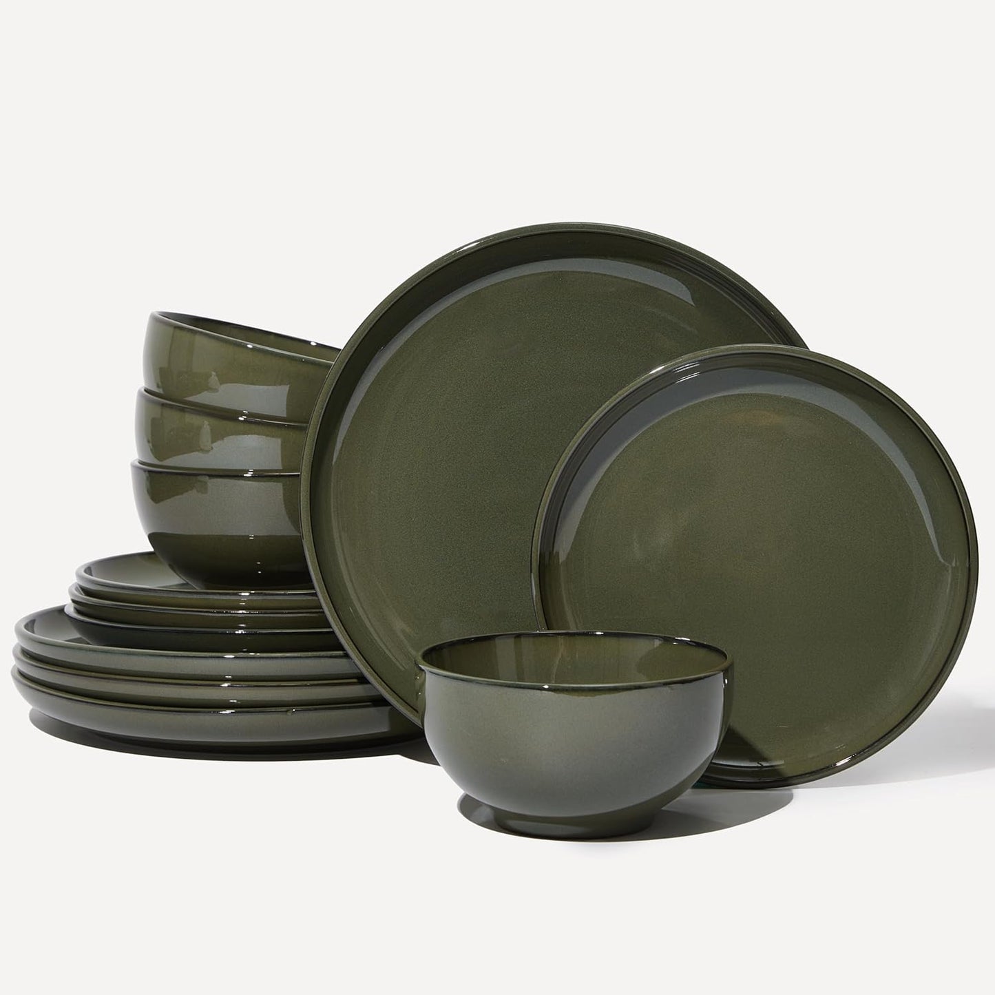 Santorini Mist Terracotta Reactive Glaze Plates and Bowls Sets, Stoneware Dinnerware Sets, Microwave and Dishwasher Safe Ceramic Dish Set Service for 4, Blackish Green