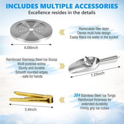 Ice Bucket, Gold Ice Bucket 3L with Silicone Sealing Ring Double-Wall Vacuum Insulation Champagne Buckets with Filter Layer Ice Tongs Ice Scoop (Gold, 3 L)