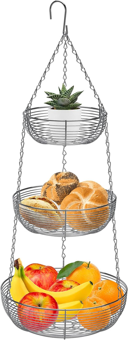 CAXXA 3-Tier Hanging Basket Fruit Organizer Kitchen Heavy Duty Wire Organizer with 2 Free Bonus Metal Ceiling Hooks, Chrome